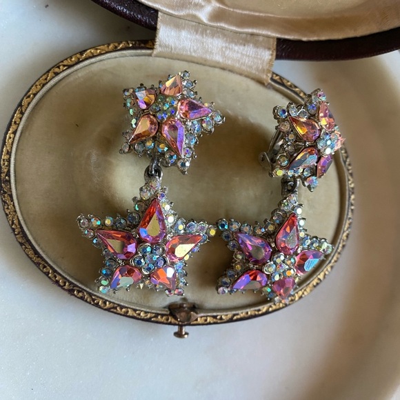 Vintage Thelma Deutsch Earrings pink/Star with AB Rhinestones Clip On ea… - Picture 13 of 13